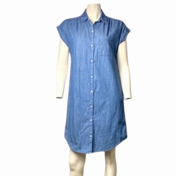 Old Navy Chambray Cuffed Cap-Sleeve Shirt Dress Medium Wash Blue Sz Small Petite - Picture 1 of 14